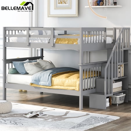 BELLEMAVE Full over Full Bunk Beds for Kids, Kids Bunk Beds with Storage Stairs and Full-Length Guardrail, Convertible Into 2 Bed, No Box Spring Needed(Gray)
