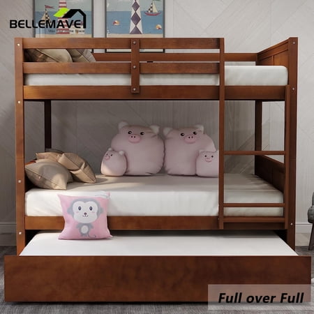 BELLEMAVE Full Over Full Bunk Bed, Wood Bunk Bed Frame with Twin Trundle, Fence Shaped Guardrails, Ladder, Headboard, Convertible into 2 Bed, Full Bunk Bed for Adult, Teens (Walnut)