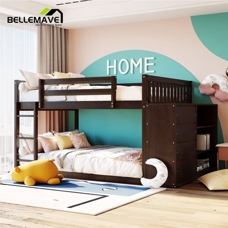 BELLEMAVE Full over Full Bunk Beds, Full Size Bunk Bed with Storage Cabinet, Ladder and Guardrail, Low Bunk Bed(Espresso)