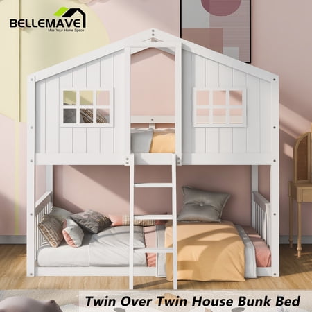 BELLEMAVE House Bunk Bed Twin over Twin with Ladder, Headboard, Footboard,Roof, Window, Low Bunk Beds/Twin Bunk Beds for Kids, Toddlers(White)
