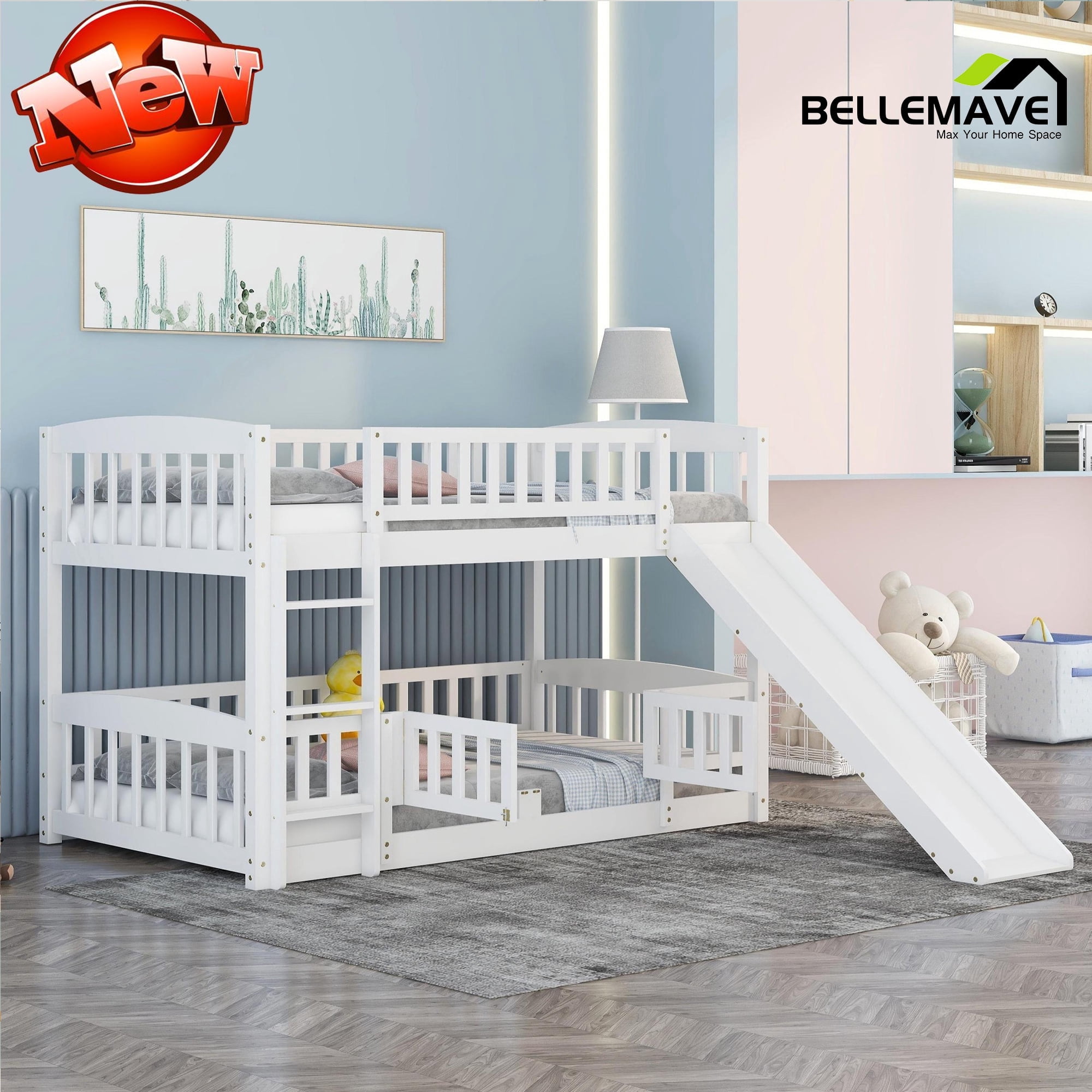 BELLEMAVE Kids Twin Bunk Bed with Slide, Ladder, Door Fence, Low ...