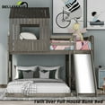 thumbnail image 1 of BELLEMAVE Bunk Beds Twin over Full Size, Playhouse Bunk Bed with Slide, Roof, Window, Ladder and Full-Length Guardrail,House Bunk Beds for Teens(Antique Gray), 1 of 12