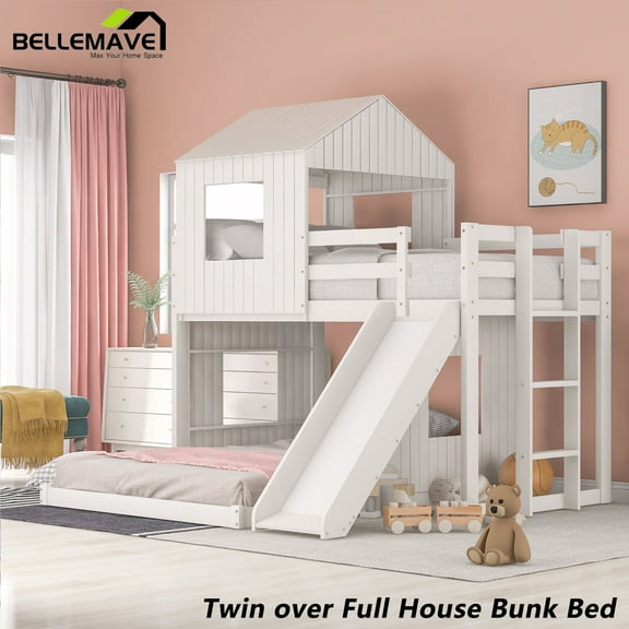 BELLEMAVE Bunk Beds Twin over Full Size, Playhouse Bunk Bed with Slide, Roof, Window, Ladder and Full-Length Guardrail,House Bunk Beds for Teens(White)