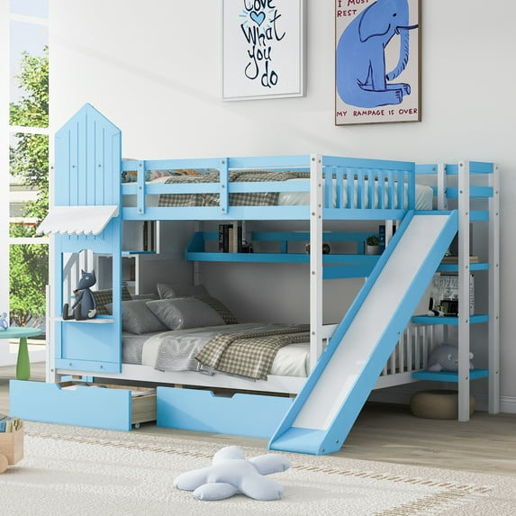 BELLEMAVE Kids Castle Bunk Bed with Storage Drawers, Shelf, Slide and Safety Guardrail, Full over Full Bunk Bed with Stairs, Castle Bunk Bed/Playhouse Bed for Girls, Boys, Kids(Blue)