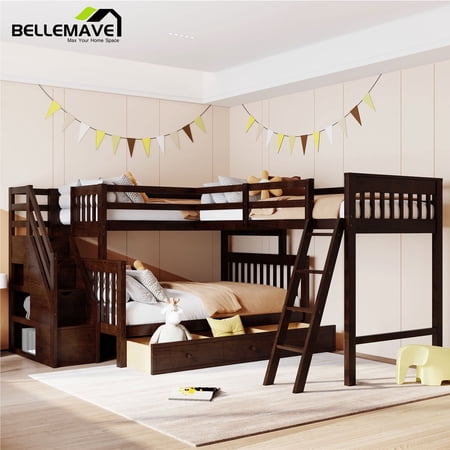 BELLEMAVE L-Shaped Bunk Beds Twin over Full Size, Kids Triple Bunk Bed with Storage Stairs, Ladder and Drawers, 3 Bed Bunk Beds for Kids,Boys and Girls(Espresso)