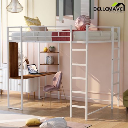BELLEMAVE Metal Full Size Loft Bed with Desk, Loft Bed with Full-Length Guardrails and 2 Ladders, Loft Bed Full Size for Teens(White)