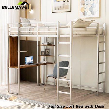 BELLEMAVE Metal Full Size Loft Bed with Desk, Loft Bed with Full-Length Guardrails and 2 Ladders, loft bed full size for Teens(Sliver)