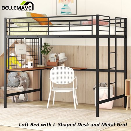 BELLEMAVE Metal Loft Bed with Desk and Metal Grid, Full Size Loft Bed with Build In Ladder and Guardrail, Full Loft Bed for Teens, No Box Spring Needed(Black)