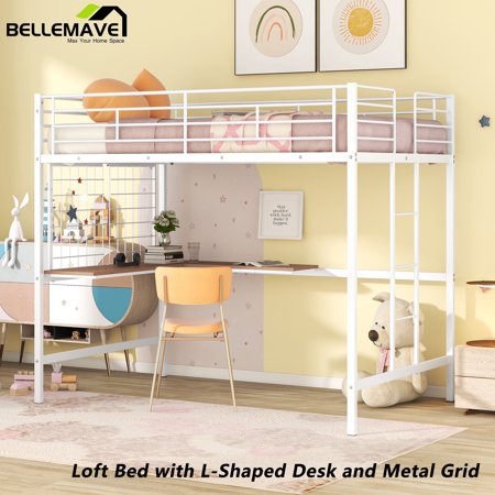 BELLEMAVE Metal Loft Bed with Desk and Metal Grid, Full Size Loft Bed with Build In Ladder and Guardrail, Full Loft Bed for Teens, No Box Spring Needed(White)