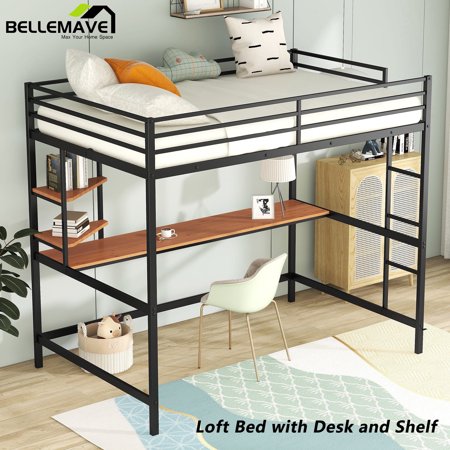 BELLEMAVE Metal Loft Bed with Desk and Storage Shelves, Full Size Loft Bed with Build In Ladder and Guardrail, Full Loft Bed for Teens, No Box Spring Needed(Black)