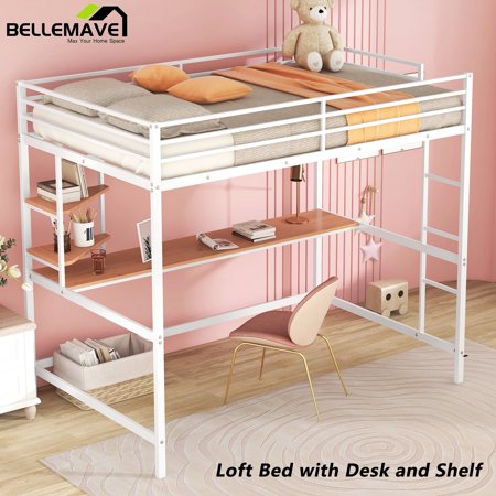 BELLEMAVE Metal Loft Bed with Desk and Storage Shelves, Full Size Loft Bed with Build In Ladder and Guardrail, Full Loft Bed for Teens, No Box Spring Needed(White)