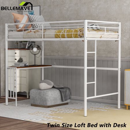 BELLEMAVE Metal Twin Size Loft Bed with Desk, Loft Bed with Full-Length Guardrails and Ladder, Loft Bed Full Size for Teens(Black)
