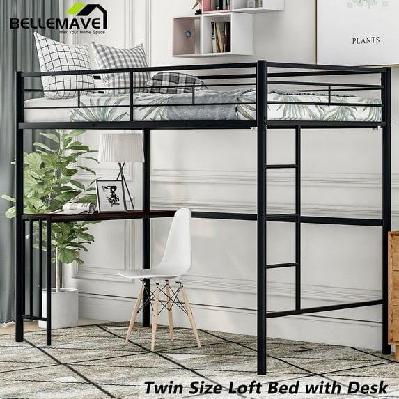 BELLEMAVE Metal Twin Size Loft Bed with Desk, Loft Bed with Full-Length Guardrails and Ladder, loft bed full size for Teens(Black)