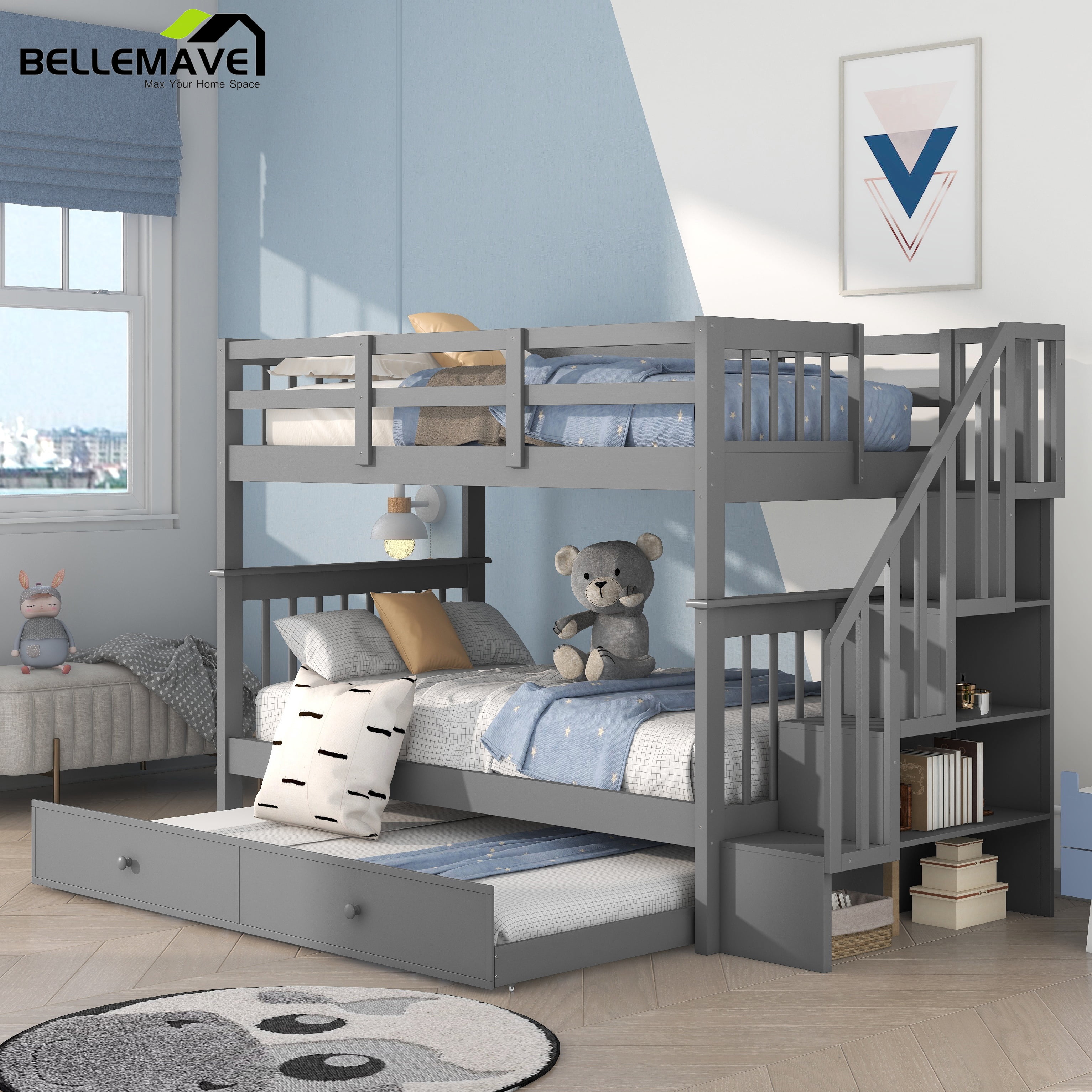 BELLEMAVE Stairway Twin Over Twin Bunk Bed with Trundle and Storage