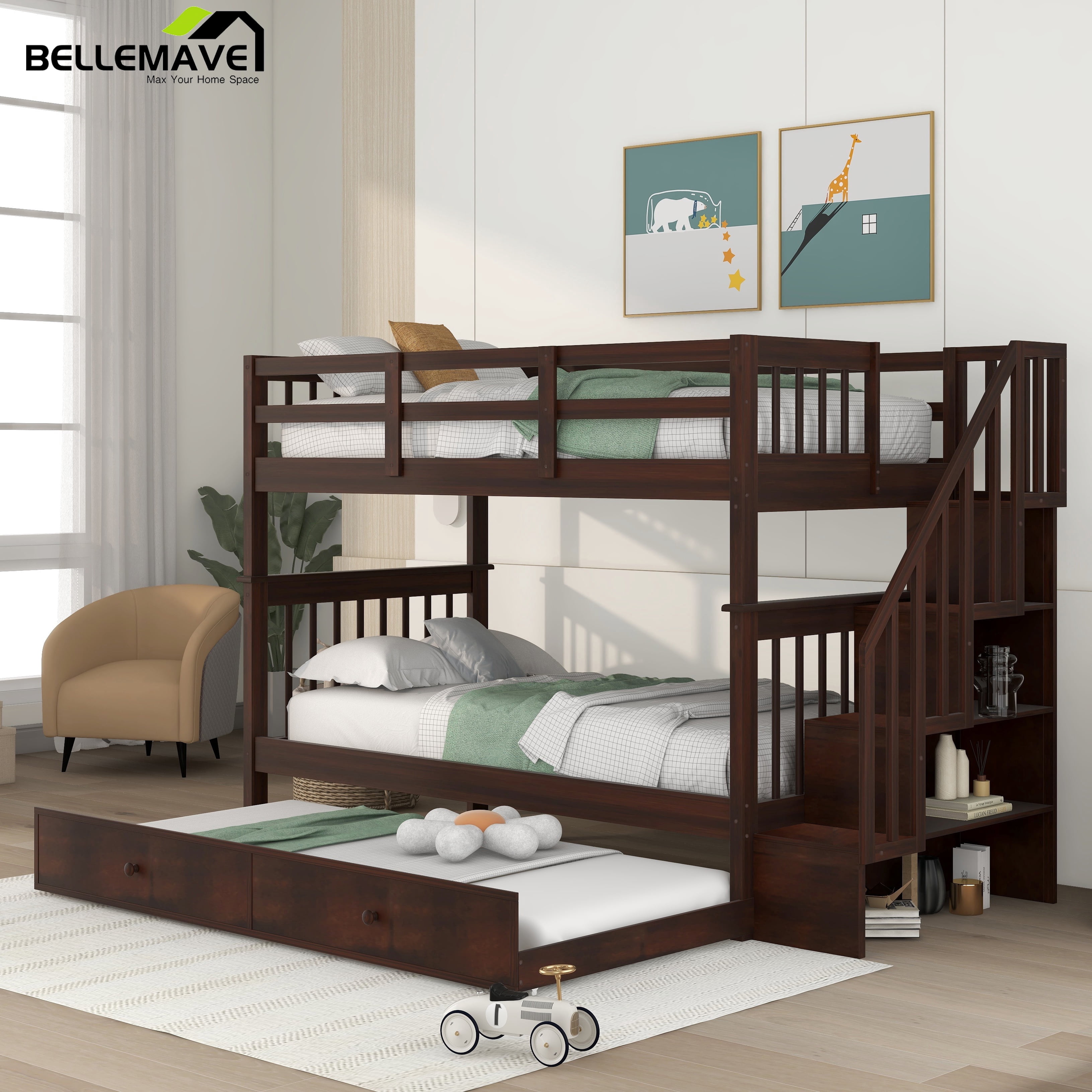 BELLEMAVE Stairway Twin Over Twin Bunk Bed with Trundle and Storage ...