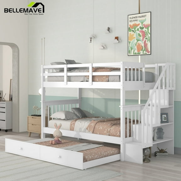 BELLEMAVE Stairway Twin Over Twin Bunk Bed with Trundle and Storage Detachable Wood Bunk bed with Staircase, Shelves and Guardrail for Teens, Convertible into 2 Beds, White