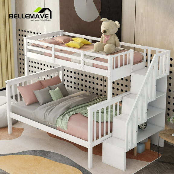 BELLEMAVE Twin Over Full Bunk Bed, Bunk Bed with 4-Step Stairs, Full-Length Guardrail, Footboard and Headboard, Convertible into 2 Beds, Storage Bunk Bed(White)