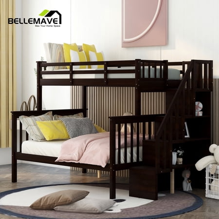 BELLEMAVE Twin Over Full Bunk Bed, Bunk Bed with 4-Step Stairs, Full-Length Guardrail, Footboard and Headboard, Convertible into 2 Beds, Storage Bunk Bed(Espresso)