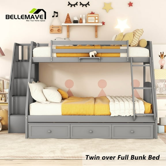 BELLEMAVE Twin over Full Bunk Bed with three drawer, bulid in ladder and storage stairs, Convertible into 2 beds, Bunk bed /Wood Bunk Bed for Teens(Gray)
