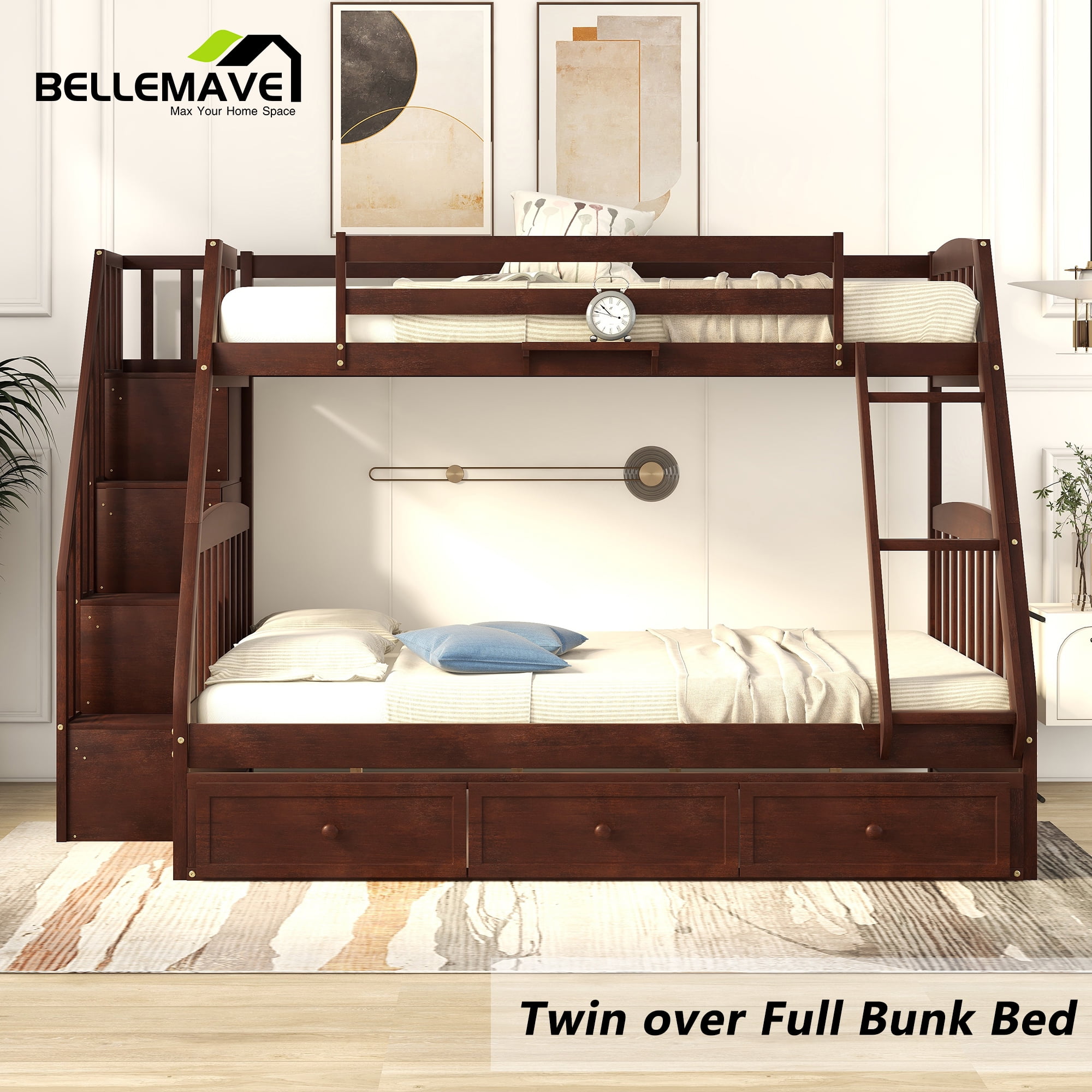 BELLEMAVE Twin/Full Bunk Bed, Convertible, Wood, Storage Stairs, 3 ...