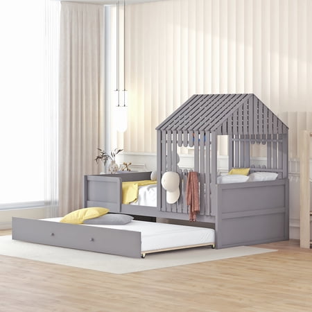 BELLEMAVE Twin House Bed Frame with Twin Size Trundle, Solid Wood Platform Bed with Roof and Window, Playhouse Bed, Gray