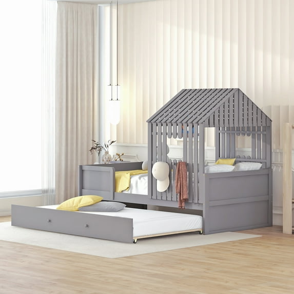 BELLEMAVE Twin House Bed Frame with Twin Size Trundle, Solid Wood Platform Bed with Roof and Window, Playhouse Bed, Gray
