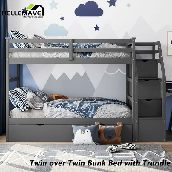 BELLEMAVE Twin over Twin Bunk Beds , Twin Size Bunk Bed with Trundle, Storage Stairs and Full-Length Guardrail, Wood Bunk Bed , Tenns(Gray)