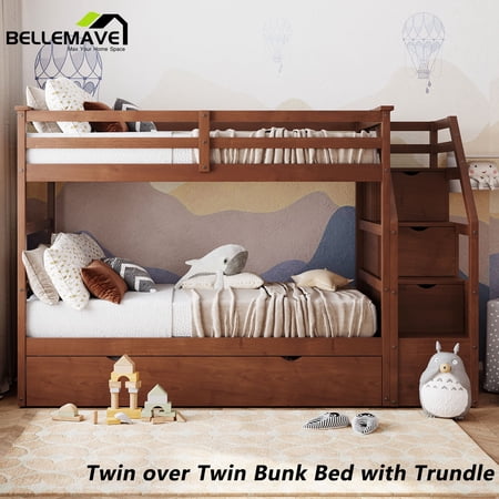 BELLEMAVE Twin over Twin Bunk Beds , Full Size Bunk Bed with Trundle, Storage Stairs and Full-Length Guardrail, Wood Bunk Bed , Tenns(Walnut)