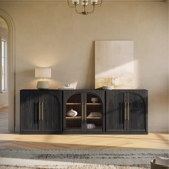 BELLEZE 3-Piece Modular Sideboard Buffet Set Freely Configurable, 2 Arched Wood Door and 1 Glass Door Display Cabinet, Classic Modern Storage Credenza for Dining Room or Living Room - Ebony