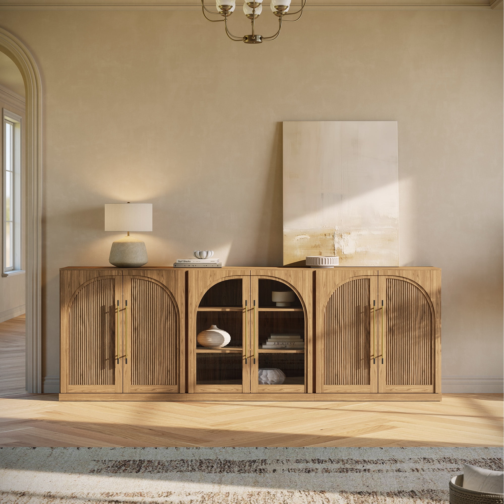 BELLEZE 3-Piece Modular Sideboard Buffet Set Freely Configurable, 2 Arched Wood Door and 1 Glass Door Display Cabinet, Classic Modern Storage Credenza for Dining Room or Living Room - Camel