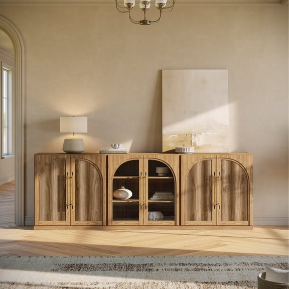 BELLEZE 3-Piece Modular Sideboard Buffet Set Freely Configurable, 2 Arched Wood Door and 1 Glass Door Display Cabinet, Classic Modern Storage Credenza for Dining Room or Living Room - Camel