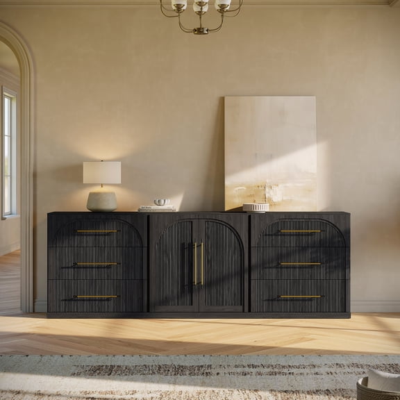 BELLEZE 3-Piece Modular Sideboard Cabinet with Storage Drawer and Adjustable Shelf, Freely Configurable Buffet Console Table & Credenza for Dining Room, Living Room, Entryway - Ebony
