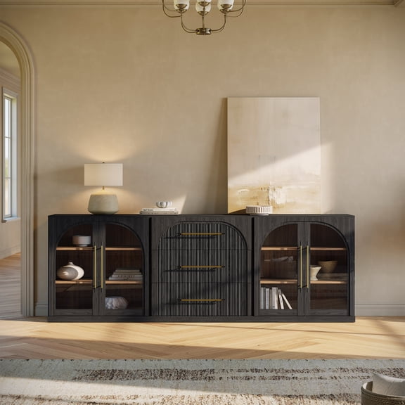 BELLEZE 3-Piece Modular Sideboard Set Freely Configurable, 2 Arched Glass Door Cabinets and 1 Drawer Buffet Cabinet with Storage, Classic Modern Credenza for Dining Room Living Room Entryway - Ebony