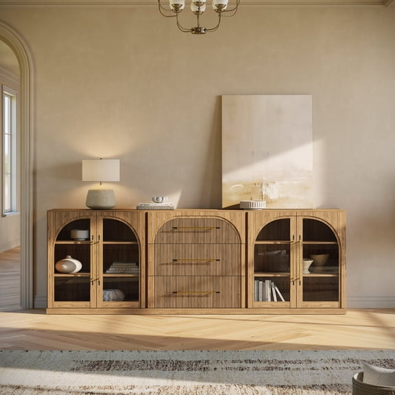 BELLEZE 3-Piece Modular Sideboard Set Freely Configurable, 2 Arched Glass Door Cabinets and 1 Drawer Buffet Cabinet with Storage, Classic Modern Credenza for Dining Room Living Room Entryway - Camel
