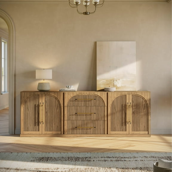 BELLEZE 3-Piece Modular Sideboard Set Freely Configurable, 2 Double Arched Wood Door Cabinets and 1 Drawer Buffet Cabinet with Storage, Modern Credenza for Dining Room, Living Room Entryway - Camel