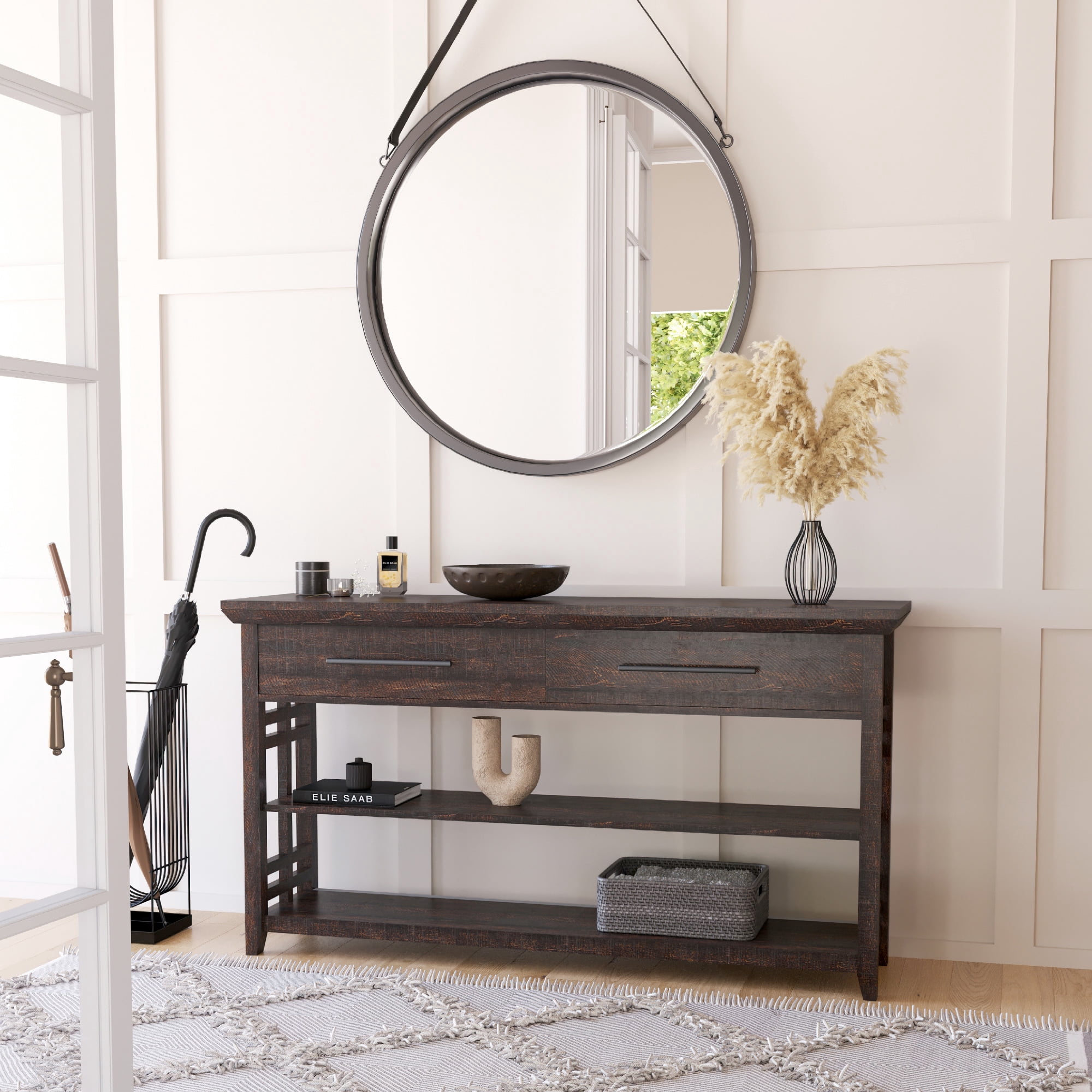 BELLEZE 3 Tier Console Table with Two Storage Shelves & Drawers, Wood Accent Sofa Table for Entryway Living Room Hallway - Norrell (Espresso)