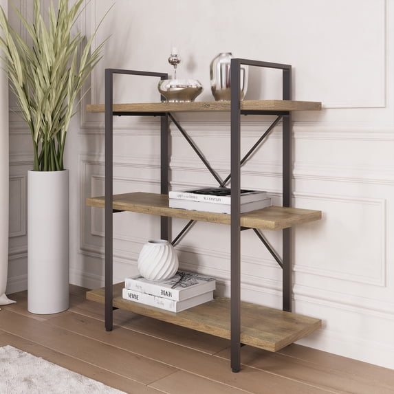 BELLEZE 3 Tier Modern Rustic Industrial Bookshelf - Hazel (Rustic Oak)