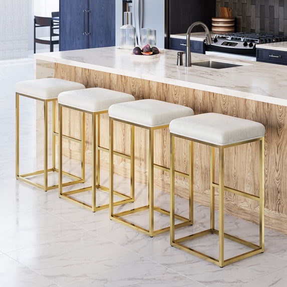BELLEZE 30" Bar Height Bar Stools Set of 4, PU Leather Backless Barstools, Modern Upholstered Kitchen Stools with Metal Base Kitchen Island Chairs for Bar Pub Bistro, White & Gold