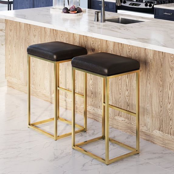 BELLEZE 30" Bar Height Bar Stools Set of 2, PU Leather Backless Barstools, Modern Upholstered Kitchen Stools with Metal Base Kitchen Island Chairs for Bar Pub Bistro, Grey & Gold