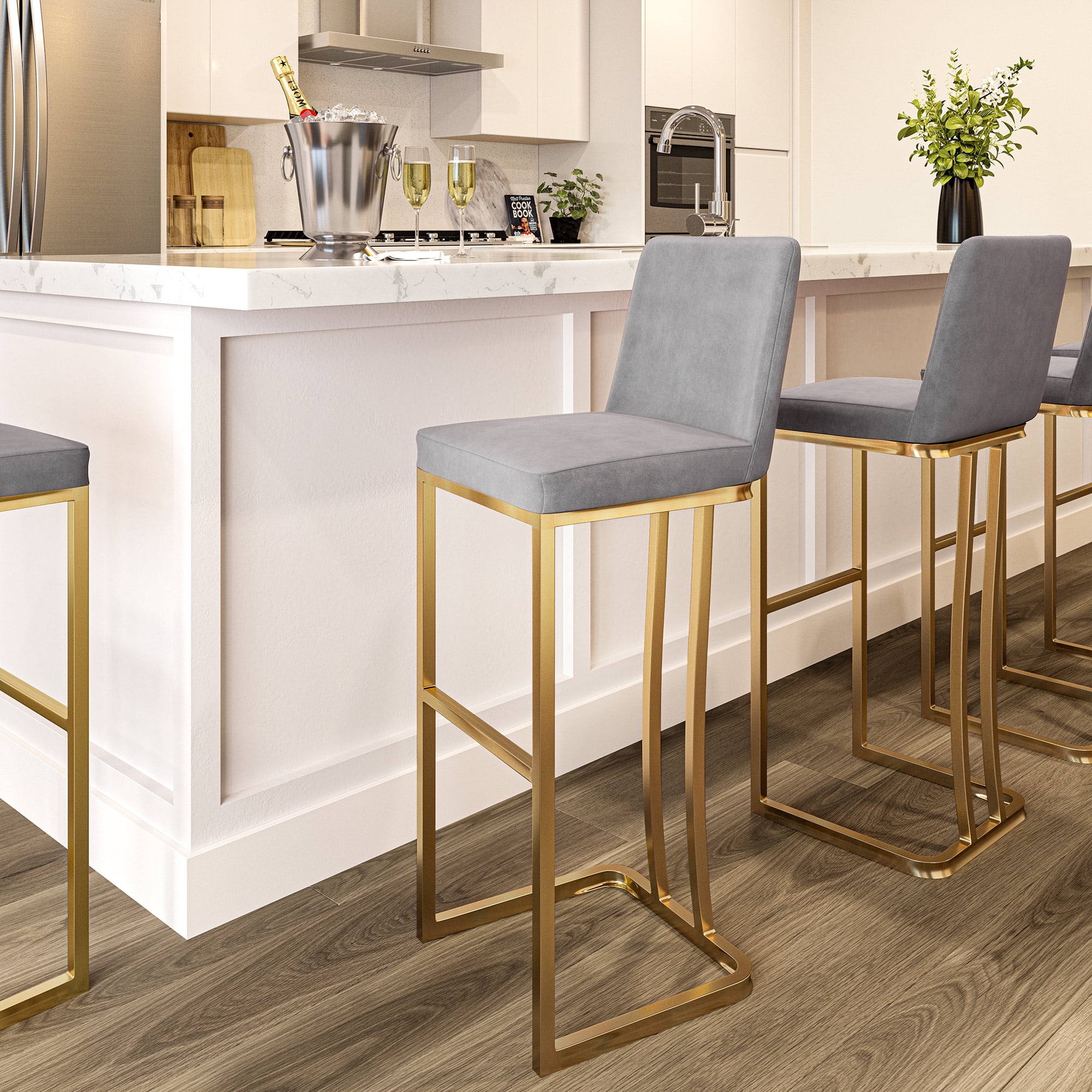BELLEZE 30'' Barstools Set of 2, Upholstered, Gold Metal Legs