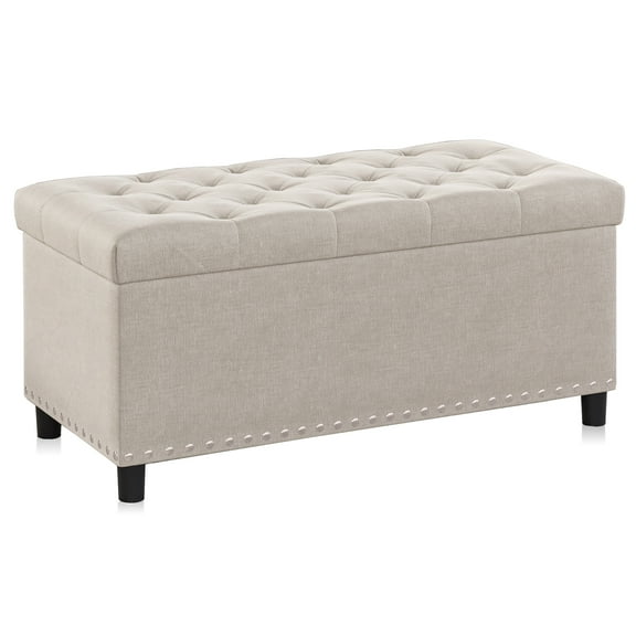 BELLEZE 35 Inch Storage Ottoman, Button-Tufted Ottoman Linen Storage Bench with Safety Close Hinge, Ottoman with Storage for Living Room, Entryway, Hallway, Foot Rest, Support 300lbs - Beige