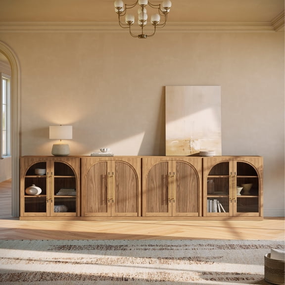 BELLEZE 4-Piece Modular Buffet Cabinet Freely Configurable, Classic Modern 2 Arched Glass Door Sideboards and 2 Double-Arc Wood Door Console Table For Dining Room Living Room Entryway - Camel