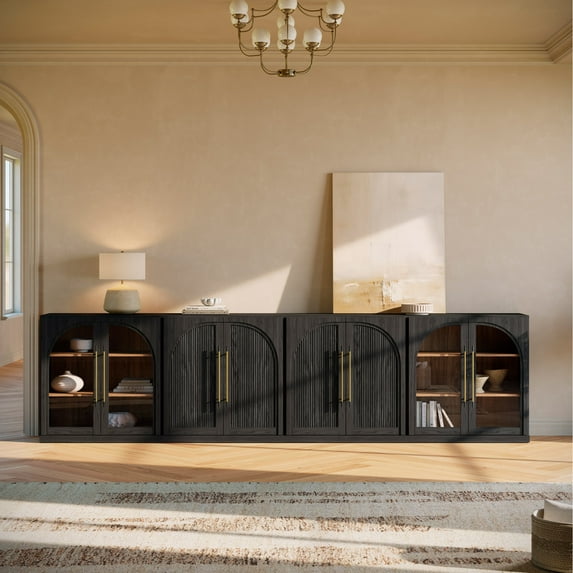 BELLEZE 4-Piece Modular Buffet Cabinet Freely Configurable, Classic Modern 2 Arched Glass Door Sideboards and 2 Double-Arc Wood Door Console Table For Dining Room Living Room Entryway - Ebony