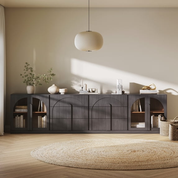 BELLEZE 4-Piece Modular Sideboard Buffet Cabinet Freely Configurable, Glass Door Storage with Adjustable Shelf and 3-Drawer Storage, Media Console Credenza for Living Room Kitchen, Ebony