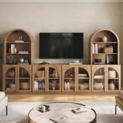 BELLEZE 4 Piece Modular TV Stand Entertainment Center with Storage, Modern Wood 2 Display Cases with Arched Hutch and 2 Glass Door Cabinets with Shelf, Media Console for Living Room, Camel