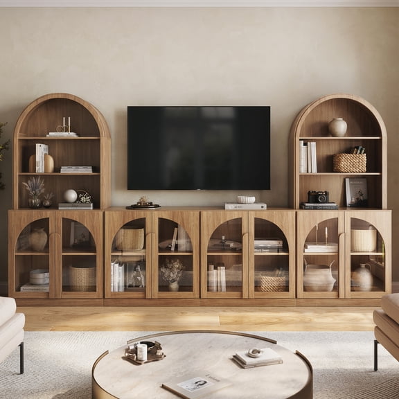 BELLEZE 4 Piece Modular TV Stand Entertainment Center with Storage, Modern Wood 2 Display Cases with Arched Hutch and 2 Glass Door Cabinets with Shelf, Media Console for Living Room, Camel