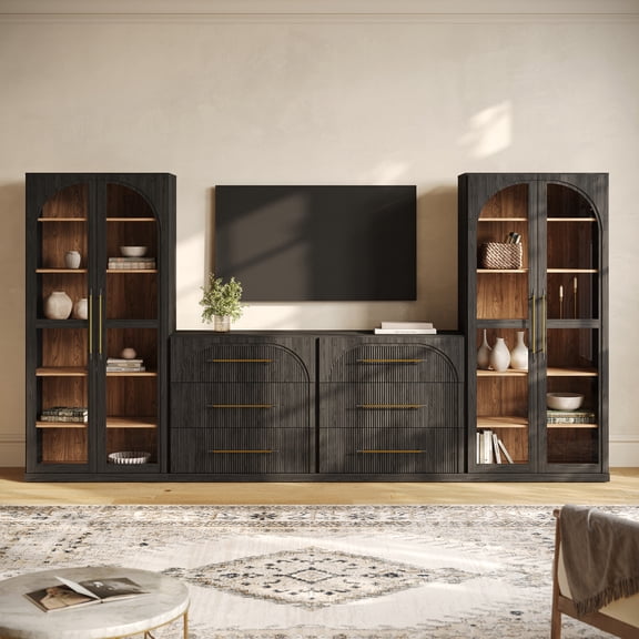 BELLEZE 4-Piece Modular TV Stand Set - 2 Sideboards with Drawers and 2 Tall Storage Cabinets, Classic Modern Media Console Entertainment Center with Adjustable Shelves for Living Room, Ebony