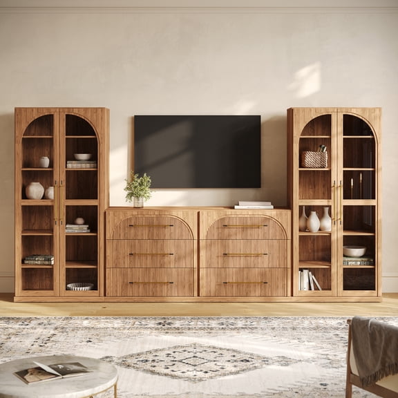 BELLEZE 4-Piece Modular TV Stand Set - 2 Sideboards with Drawers and 2 Tall Storage Cabinets, Classic Modern Media Console Entertainment Center with Adjustable Shelves for Living Room, Camel