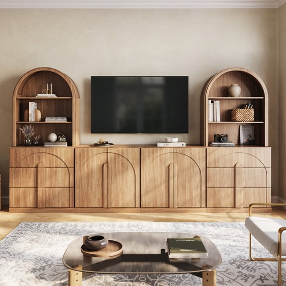 BELLEZE 4 Piece Modular TV Stand with Storage Set, Modular Wood Towers Entertainment Center, Tall Media Console with 3 Drawers Arched Hutch Adjustable Shelf for Living Room, Camel
