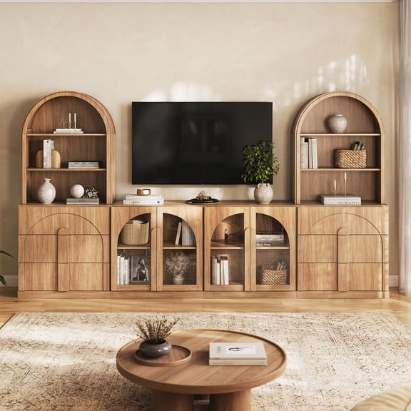 BELLEZE 4 Piece TV Stand Entertainment Center with Storage, Modern Farmhouse Modular Cabinet Tall Media Console and 3-Drawers, Wood Side Cabinets for Living Room, Camel